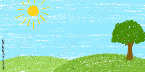 Grass and sky background. Crayon kid landscape with spring field. Vector green grass, flower, blue sky, cloud child wax pastel painting. Spring nature meadow landscape crayon illustration background.