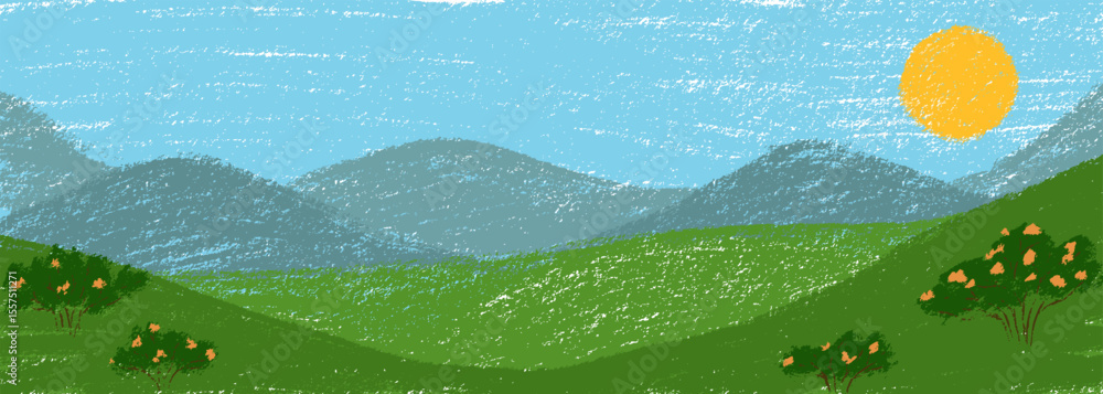 Fototapeta premium Grass and sky background. Crayon kid landscape with spring field. Vector green grass, flower, blue sky, cloud child wax pastel painting. Spring nature meadow landscape crayon illustration background.