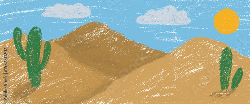 desert background. Crayon kid landscape with dry sand dunes. Vector sand dunes, cacti,, blue sky, clouds child wax pastel painting. Wild West desert landscape crayon illustration background.