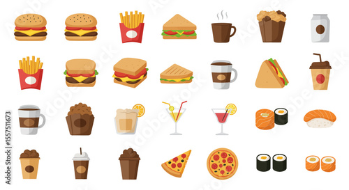 Colorful Food and Drink Icon Set – Sandwiches, Desserts, Beverages, and Snacks