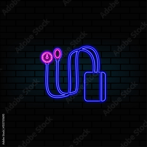 Semi-automatic sphygmomanometer with stethoscope for measuring blood pressure. neon style.