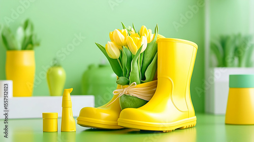 Yellow tulips in rain boots, spring decor, green background, home staging