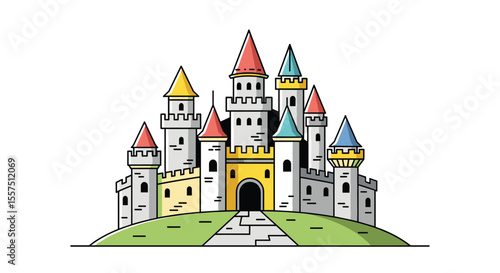 Enchanting Fairytale Castle Scene with Majestic Towers and Vibrant Spired Rooftops on a Rolling Green Hill