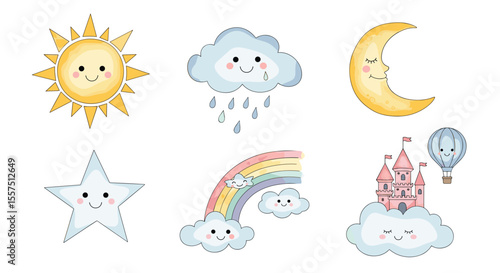 Cute Whimsical Weather Elements Featuring a Smiling Sun Rainy Cloud Crescent Moon Star Rainbow and Fairy Tale Castle with Hot Air Balloon
