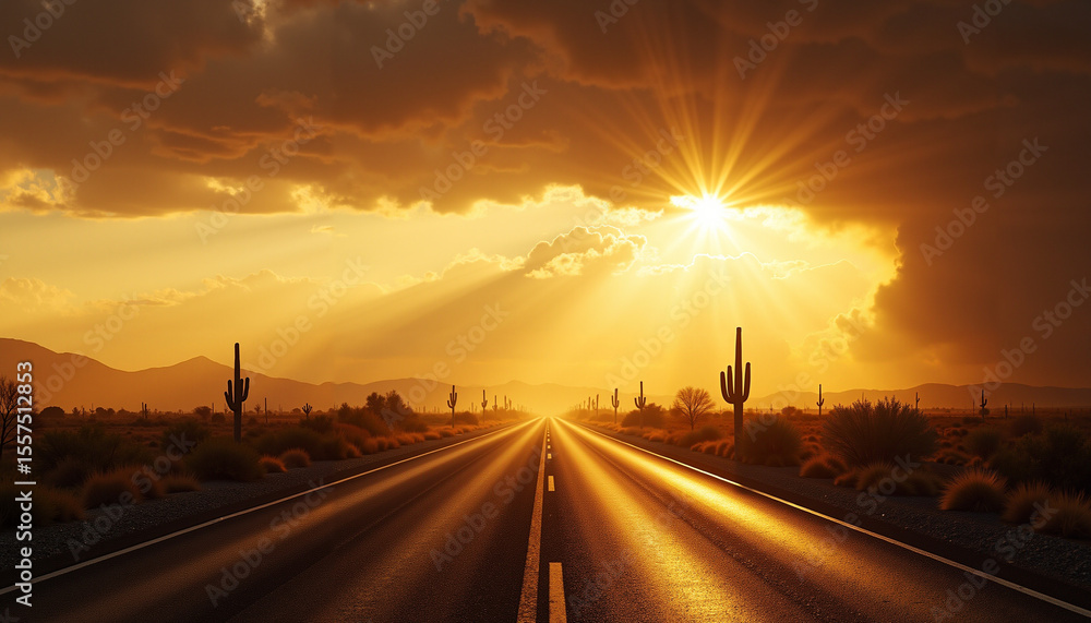 Obraz premium Desert highway under golden sunlight with approaching storm clouds 