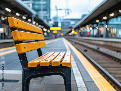 Comfortable bench on a train platform inviting passengers to wait for their train with a scenic background