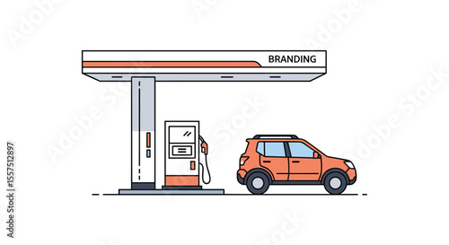 An orange car is parked at a gas station under a canopy with a fuel pump ready for refueling service