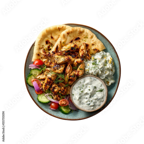 Overhead Shot of Delicious Greek Chicken Souvlaki with Tzatziki Sauce, Pita Bread, and Fresh Salad