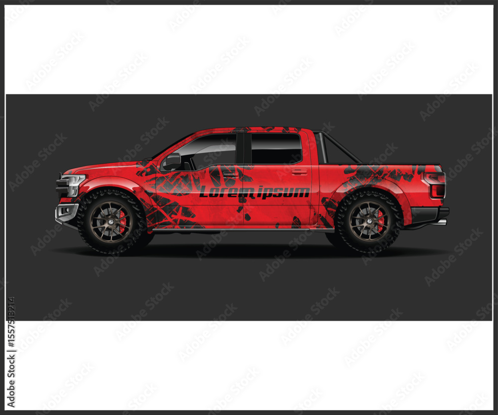 Naklejka premium Red Pickup Truck with Graphic Design Side view