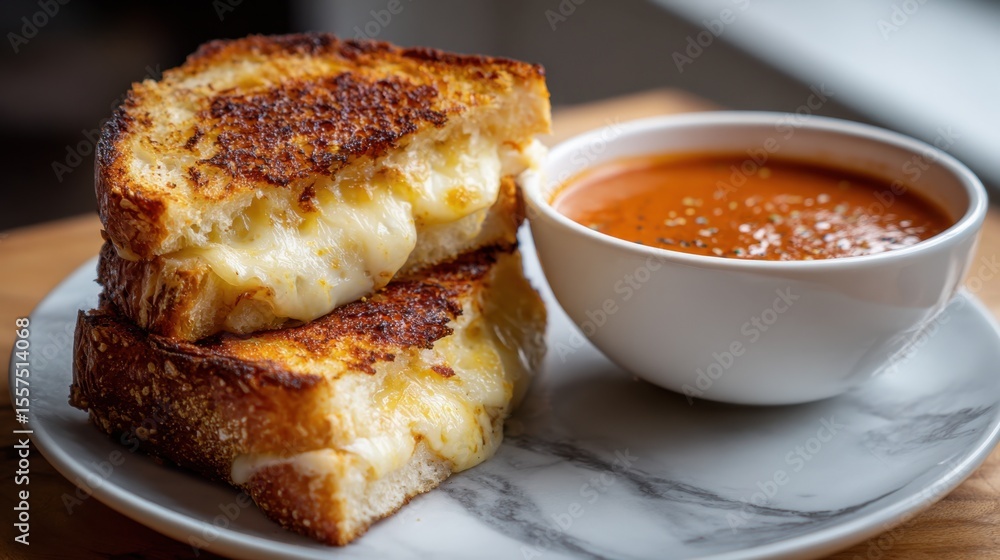 A close-up of a grilled cheese sandwich with melted cheese, served alongside a bowl of tomato soup on a white plate. A close-up of a grilled cheese sandwich with melted cheese, served alongside a bowl of tomato soup on a white plate.