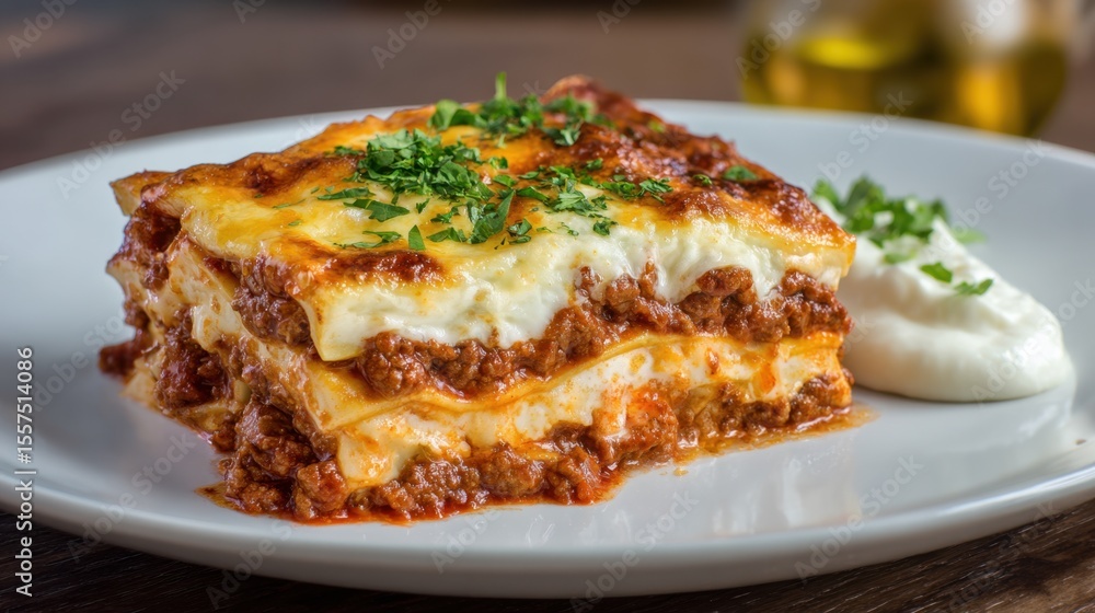A delicious slice of lasagna with layers of meat, cheese, and sauce, garnished with fresh herbs, served with a dollop of sour cream on a white plate. A delicious slice of lasagna with layers of meat, cheese, and sauce, garnished with fresh herbs, served with a dollop of sour cream on a white plate.