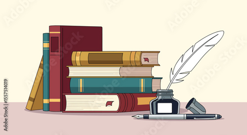 A Collection of Timeless Books on a Desk with a Quill Pen and Inkwell Symbolizing the Art of Writing and Reading Knowledge