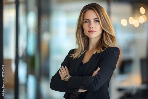 confident businesswoman standing with arms crossed, modern office background, soft lighting 

