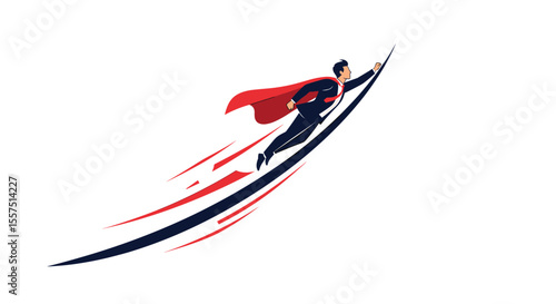 Symbolizing success and achievement a hero soaring high with a red cape leaving a trail of energetic lines showing speed and victory