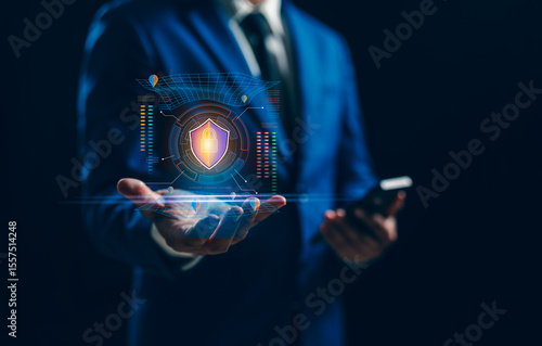 A Businessman showing secure access to user personal information, information security encryption, cybersecurity, secure Internet access. Cyber security internet network data privacy concepts
