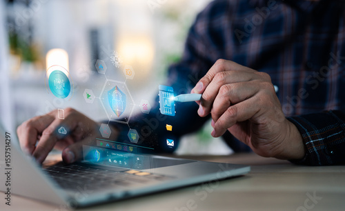 Businessman tools uses AI technology analyzing financial data stock market. AI learning and business artificial intelligence. Document data management on network, cybersecurity, digital transformation