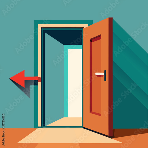 The image depicts an open wooden door within a doorframe, suggesting an entrance or exit to a room or space