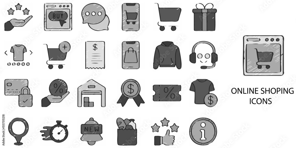 Online Shopping simple concept 24 hand drawn Grew color icons set .Vector illustration. Online Shopping simple concept 24 hand drawn Grew color icons set .Vector illustration.