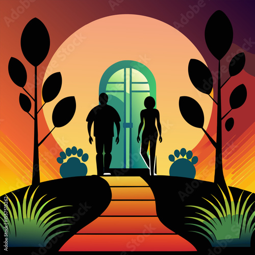 Family silhouette at sunset in park and garden filled with love and nature