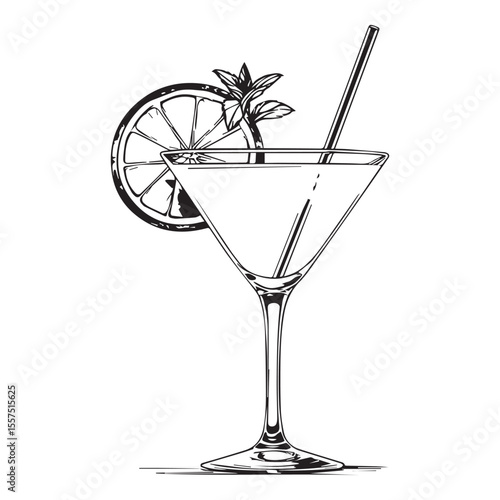 Black and white illustration of a martini glass with a lime slice and mint leaves
