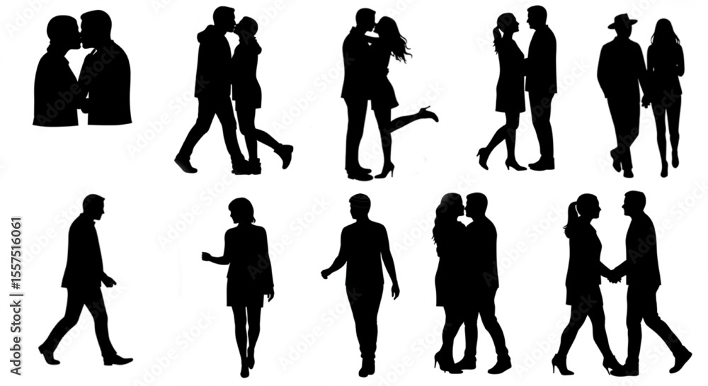 Obraz premium Romantic Couple Silhouettes Vector Set - Love and Relationship Graphics for Wedding and Dating Designs