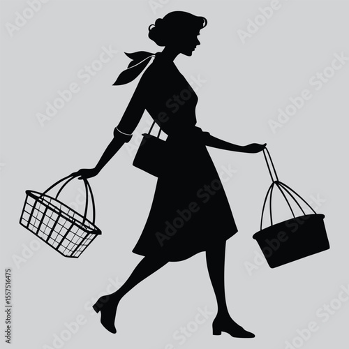woman holding shopping basket silhouette vector design art and illustration