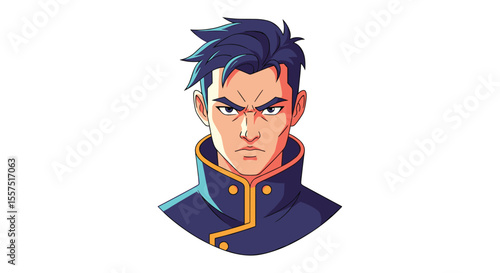 A determined young man with sharp features and dark hair styled in a modern haircut stands ready for action in a pixel art portrait
