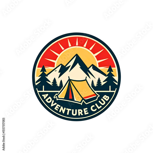 Retro adventure club emblem featuring mountains tent and sun