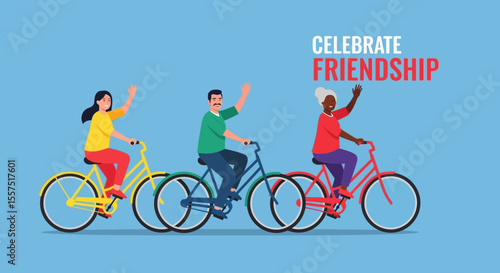 Diverse Friends Cycling Together, Waving, Celebrating Friendship, Wearing Colorful Clothes, Riding Bicycles