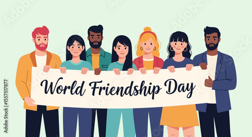 Diverse Group Holding a Banner Celebrating World Friendship Day