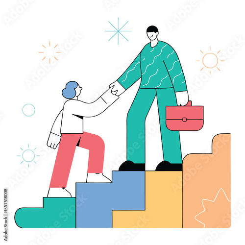 Supportive manager holding hands of junior staff climbing a career staircase  career uplift on withe background