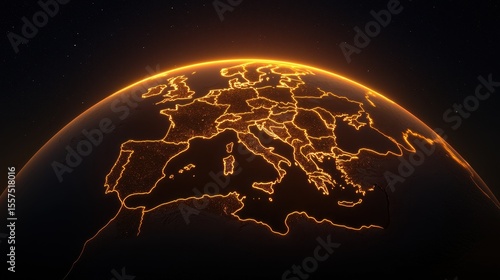 Glowing outline of Europe on planet Earth against a dark starry background showing city lights