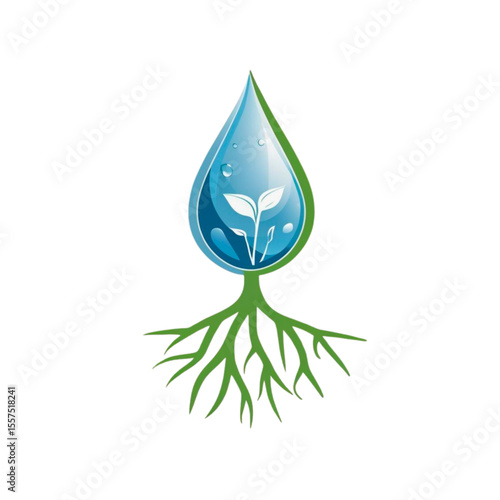 A vibrant green plant sprouts from a clear water drop symbolizing growth and life