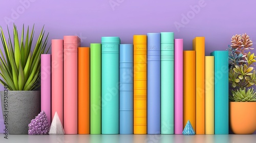 Colorful arrangement featuring books potted plants and decorative crystal pyramids against a purple background