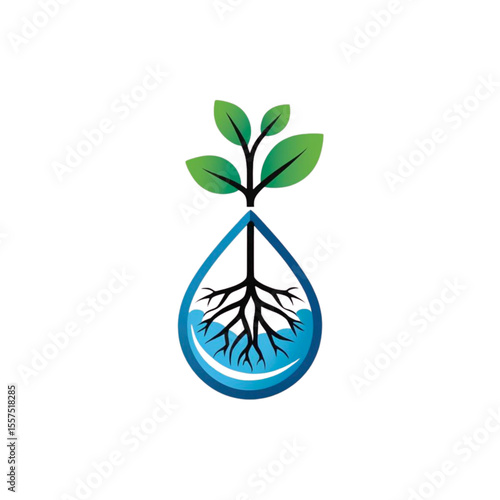 Green seedling with roots growing inside a water droplet symbol