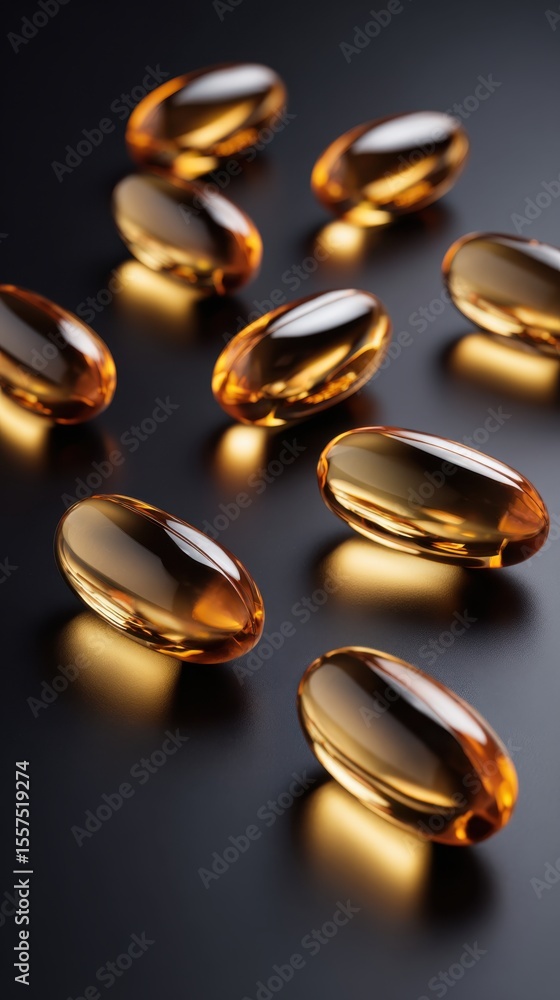 Close-up of glossy softgel capsules arranged on a dark reflective surface with warm studio lighting ideal for pharmaceutical ads, wellness promotions and supplement packaging