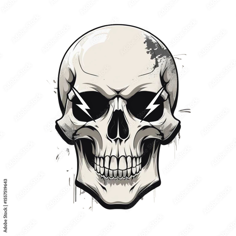 Obraz premium Stylized human skull with lightning bolt eyes and grunge details on black background
