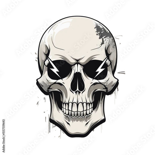 Stylized human skull with lightning bolt eyes and grunge details on black background