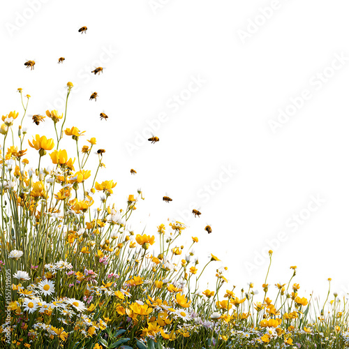 Vibrant Wildflower Meadow with Busy Bees A Stunning Nature Scene on transparent Background