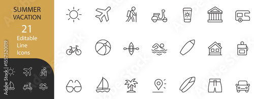 Minimal summer vacation line icons set. Includes travel, beach, surfing, swimming, transport, and holiday elements. Perfect for web, apps, and print design.