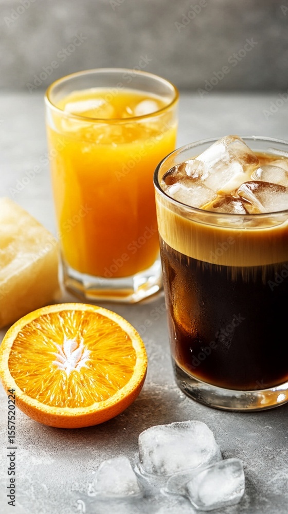 Refreshing morning beverage scene with vibrant orange juice and rich iced coffee, showcasing a perfect balance of citrus freshness and caffeinated indulgence on a textured gray background. Refreshing morning beverage scene with vibrant orange juice and rich iced coffee, showcasing a perfect balance of citrus freshness and caffeinated indulgence on a textured gray background.