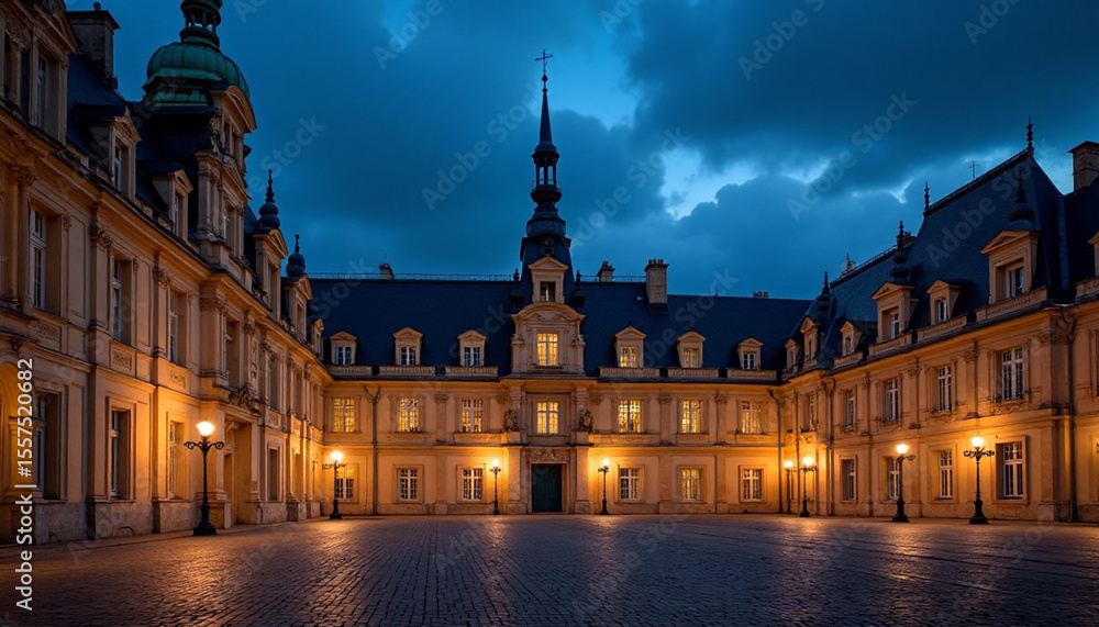 Naklejka premium Grand architectural courtyard facade illuminated at evening under a dark dramatic sky