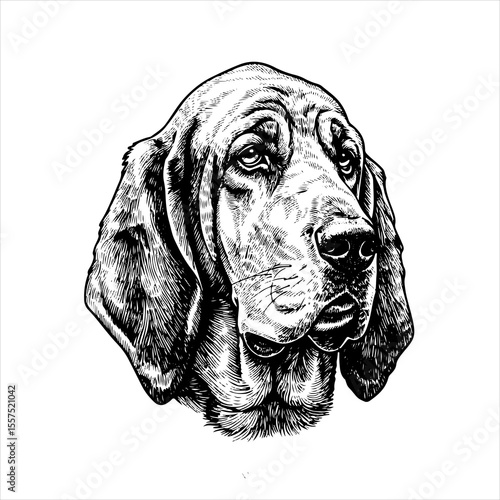 head Bloodhound Dog pet portrait engraving intricate retro hand drawn style line art black and white vector illustration, isolated on white background