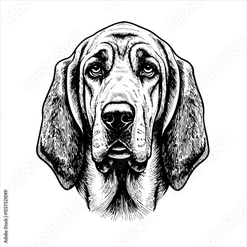 head Bloodhound Dog pet portrait engraving intricate retro hand drawn style line art black and white vector illustration, isolated on white background