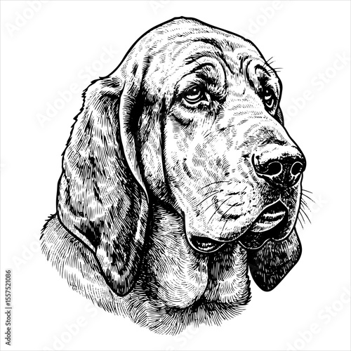 head Bloodhound Dog pet portrait engraving intricate retro hand drawn style line art black and white vector illustration, isolated on white background