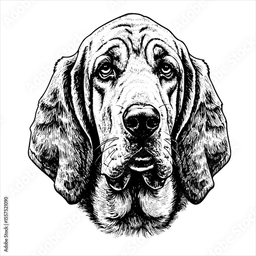head Bloodhound Dog pet portrait engraving intricate retro hand drawn style line art black and white vector illustration, isolated on white background