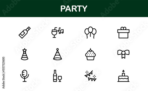 Festive Party Icons Pack in Minimal Line Art Style Showcasing Celebration, Food, Drinks, and Music