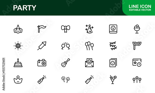 Festive Party Icons Pack in Minimal Line Art Style Showcasing Celebration, Food, Drinks, and Music