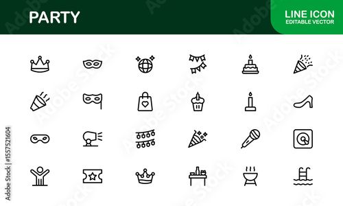 Festive Party Icons Pack in Minimal Line Art Style Showcasing Celebration, Food, Drinks, and Music