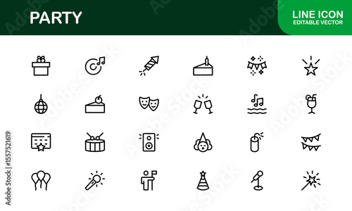 Festive Party Icons Pack in Minimal Line Art Style Showcasing Celebration, Food, Drinks, and Music